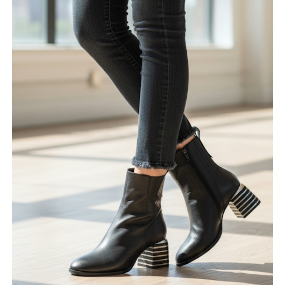 New without box - Black Leather Booties with Chromed Square Heel